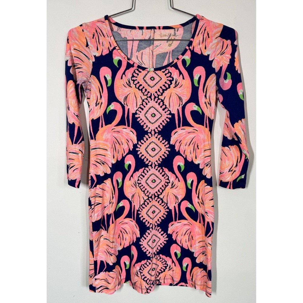 Lilly Pulitzerā Beacon Navy and Pink Gimme Some Leg Flamingo Shift Dress Size XS